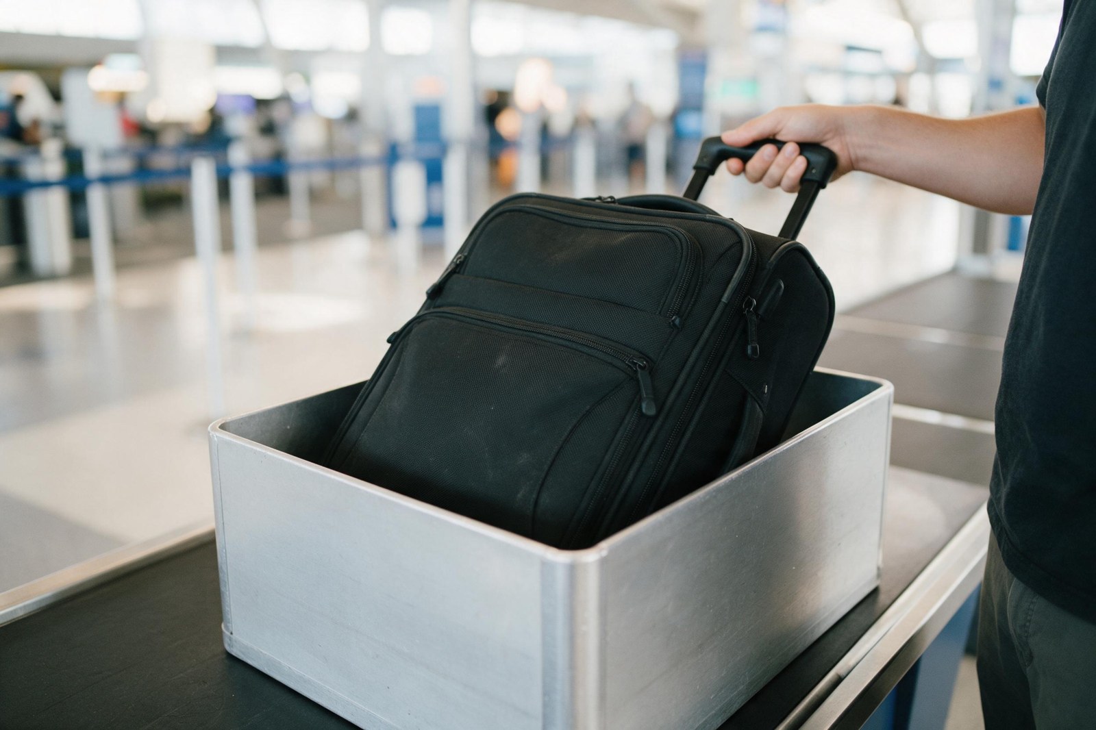 carry-on being measured in a metal gate sizer box