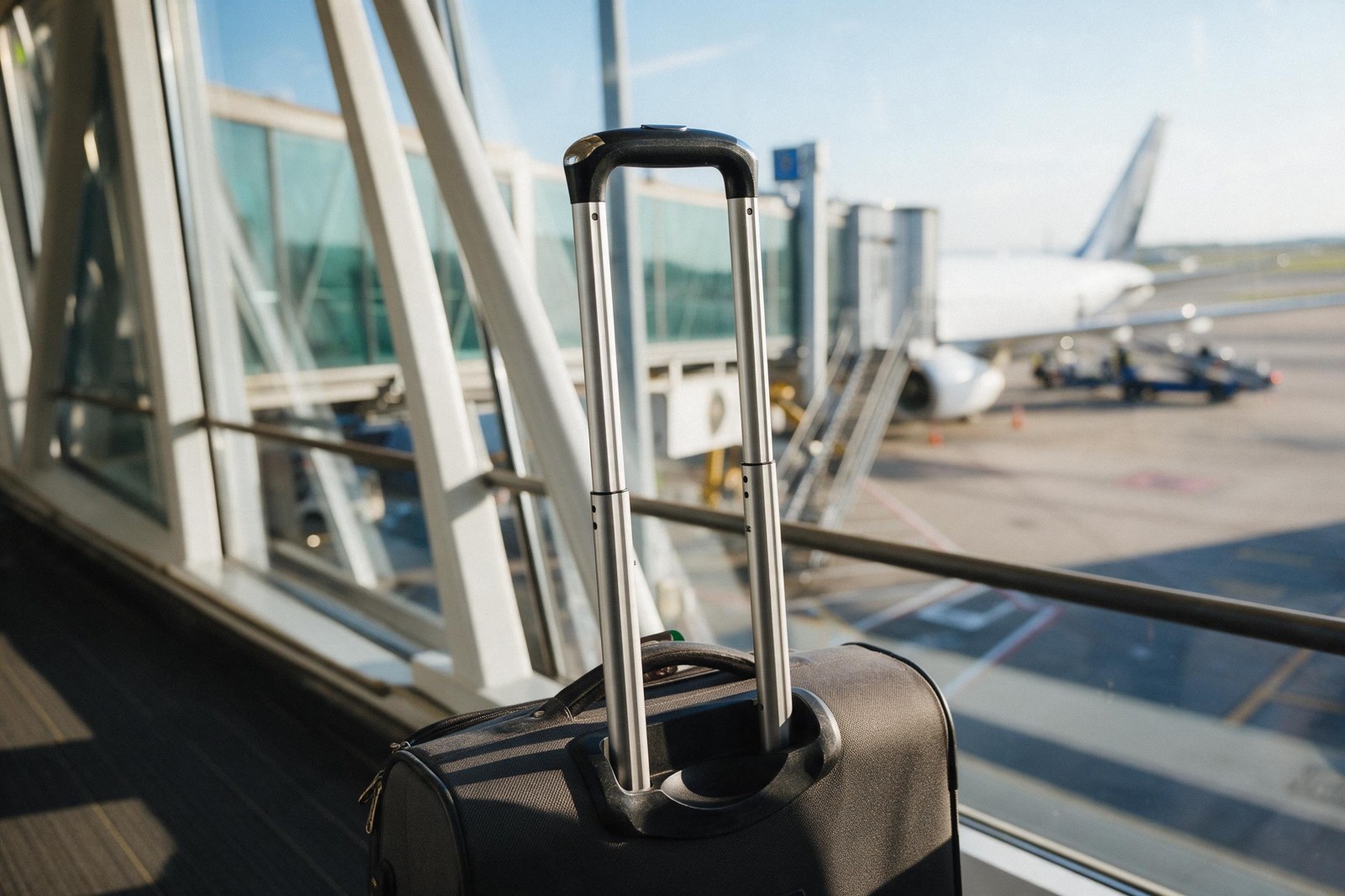 rolling suitcase handle extended next to airport jet bridge